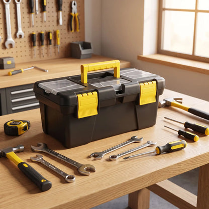 boîte à outils résistante à la pression sur un établi