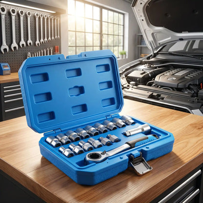 Clé à cliquet douille 17 pièces chrome-vanadium ensemble bleu sur un contoir 