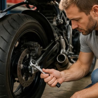 Clé à cliquet douille 17 pièces chrome-vanadium dans la main d'un homme qui répare une moto