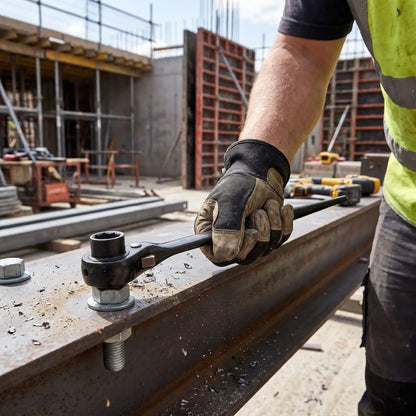 Clé à cliquet douille d'échafaudage à pointe effilée dans la main d'un homme sur un chantier
