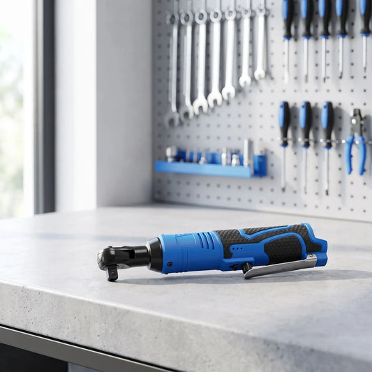 Une clé à cliquet douille électrique sans fil sur un établi