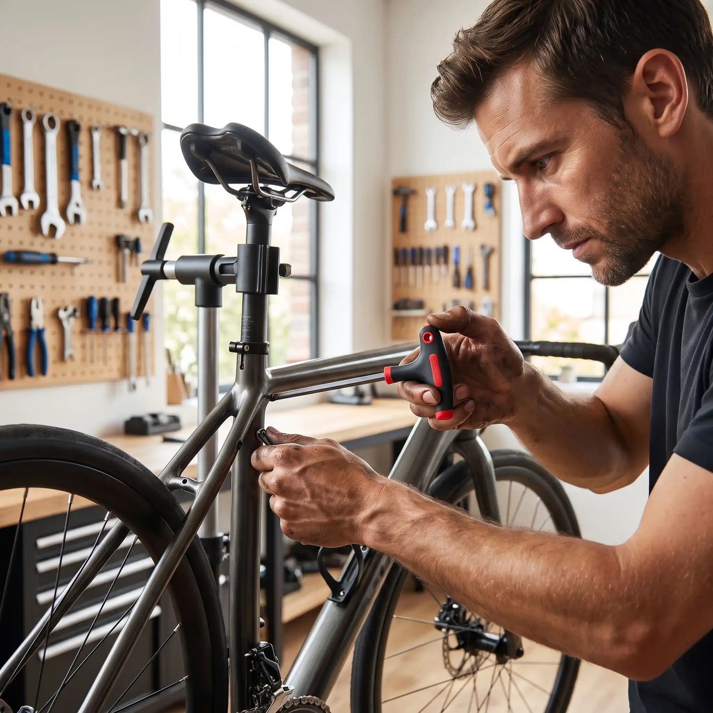 Clé allen à tête sphérique avec poignée en T dans la main d'un homme qui répare un vélo