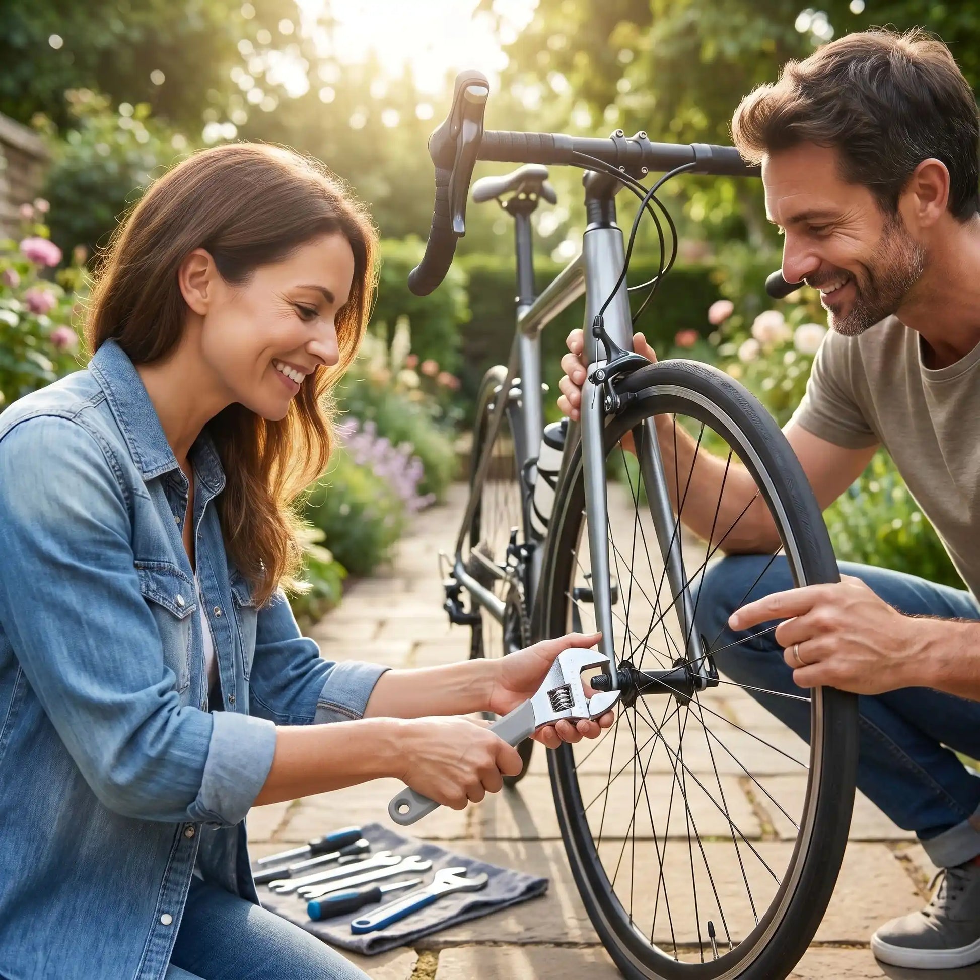 Clé anglaise Verrouillable dans la main d'une femme qui répare sont vélo 