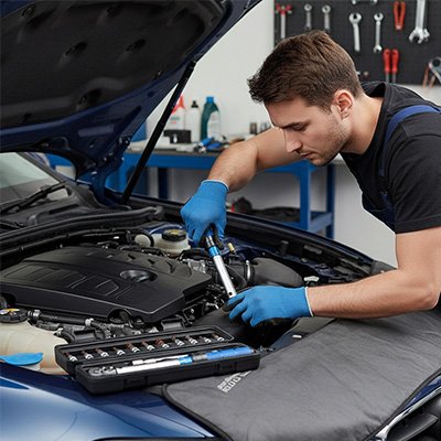 Clé dynamométrique bleu avec jeu de douilles voiture