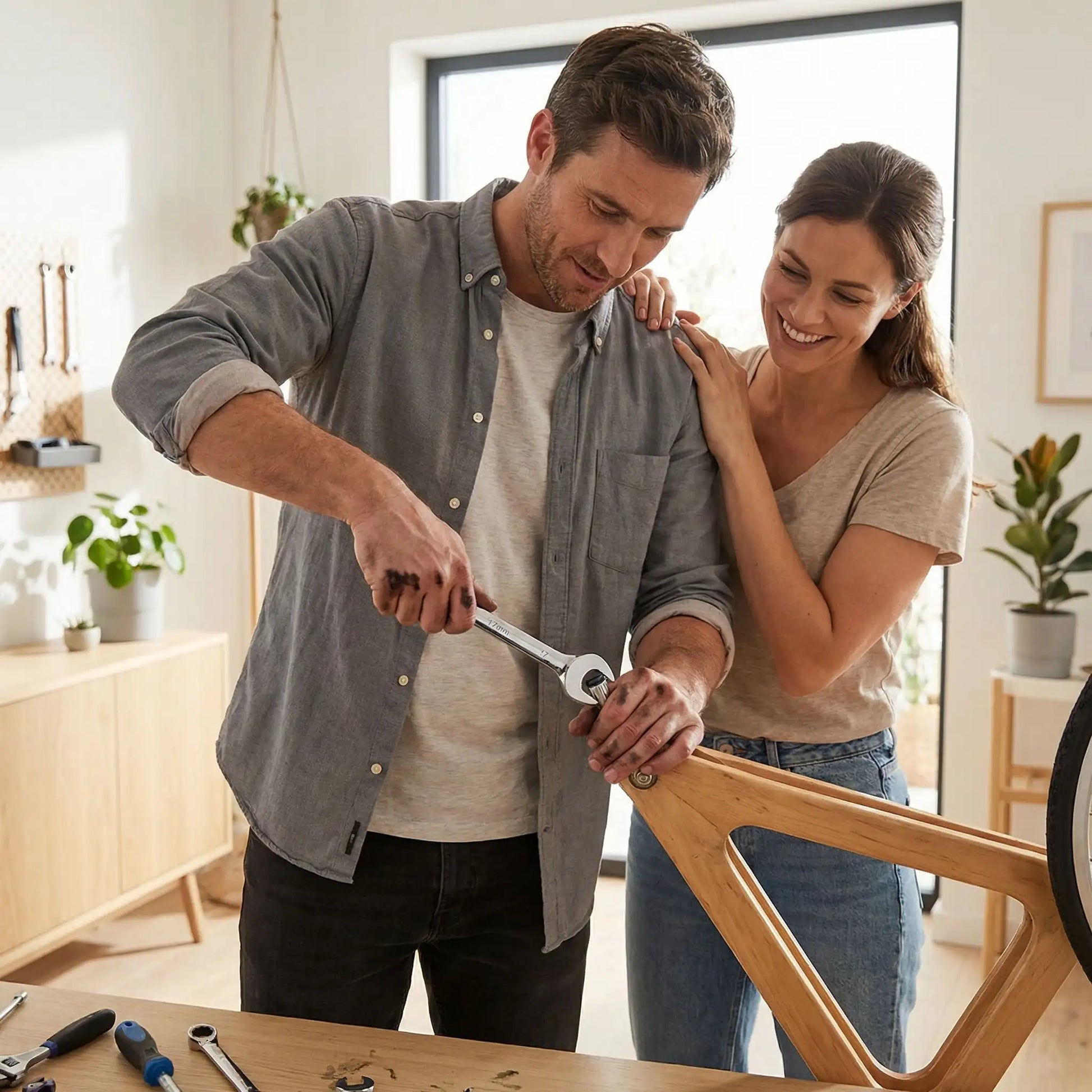 Mini clé plate à cliquet 6-19 mm un homme qui répare un meuble