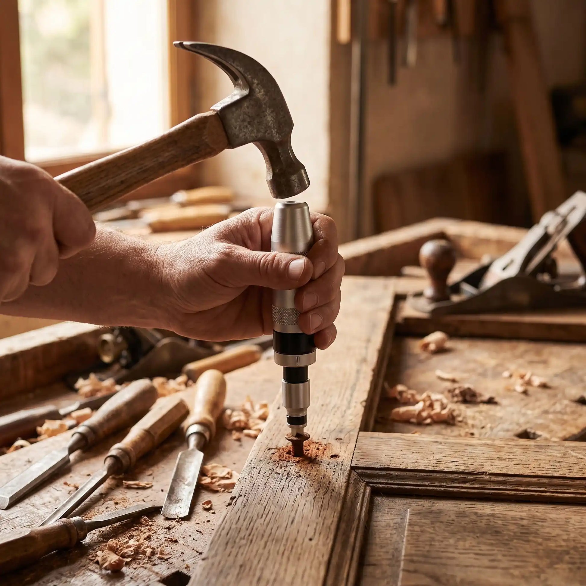 Tournevis à frapper 1/2" kit de 13 dans la main d'un homme qui cogne sur un vieux meuble