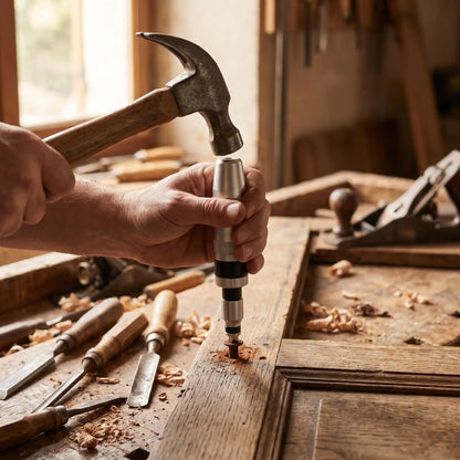 Tournevis à frapper 1/2" kit de 13 dans la main d'un homme qui cogne sur un vieux meuble