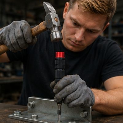 Tournevis à frapper de précision compact 1/4'' KS86 dans la main d'un homme qui cogne sur du fer