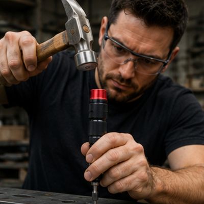 Tournevis à frapper de précision compact 1/4'' KS86 dans la main d'un homme et dans l'autre main sont marteau