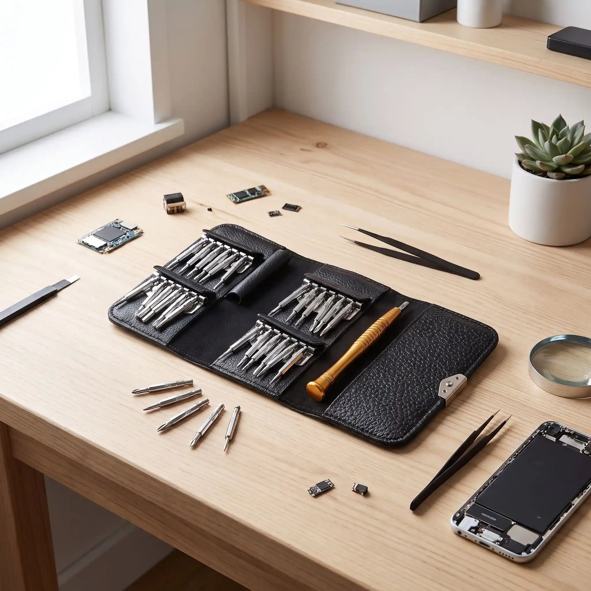 Tournevis étoile ensemble 24 embouts magnétiques sur un bureau de bois