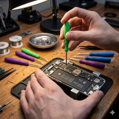 Tournevis étoile mini torx kit de 5 dans la main d'un homme qui répare sont smartphone