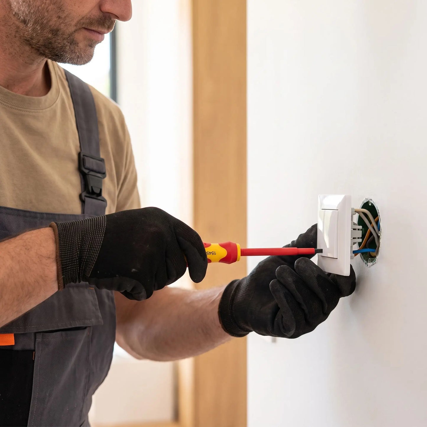 Tournevis plat électricien isolé 220V dans la main d'un homme qui répare un interrupteur