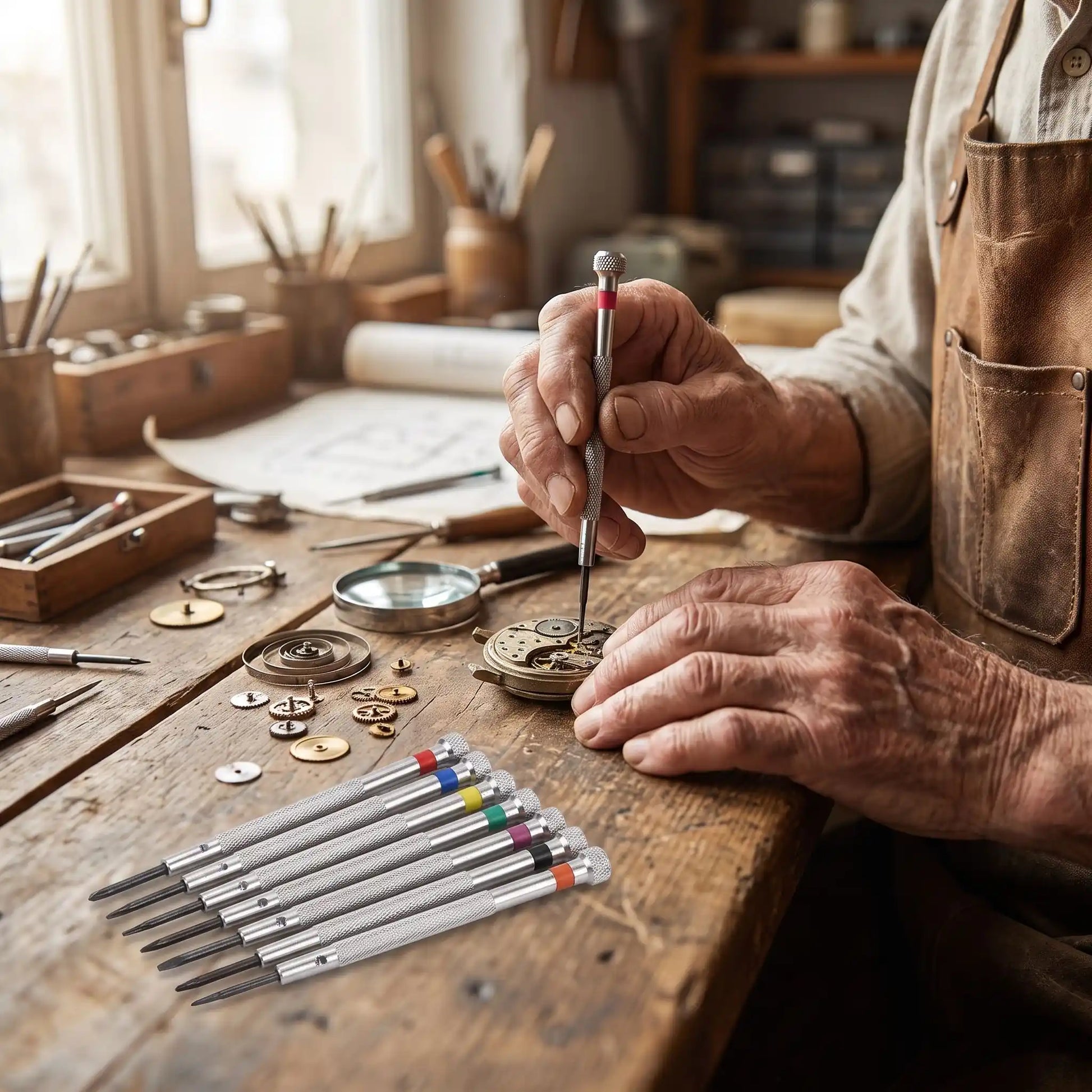 Tournevis plat kit de 5 Tournevis de Précision dans la main d'un homme qui répare une montre