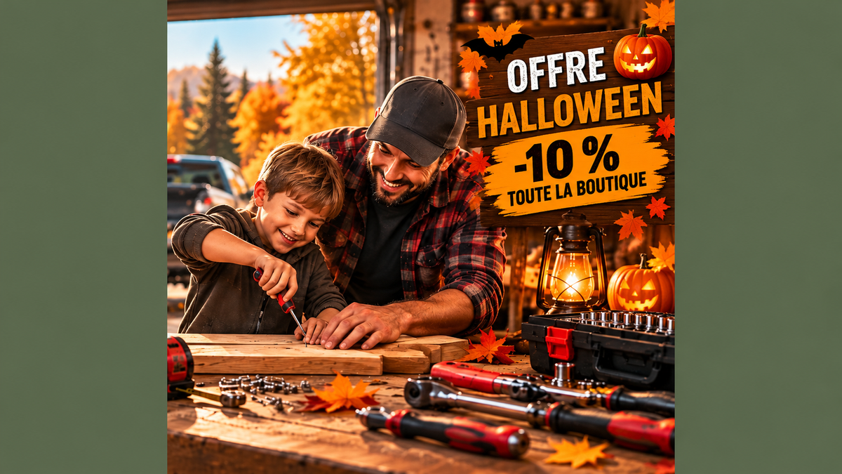 Bannière Halloween Bricolme avec un père et son fils bricolant dans un atelier, entourés d’outils, de citrouilles et de décorations d’automne.