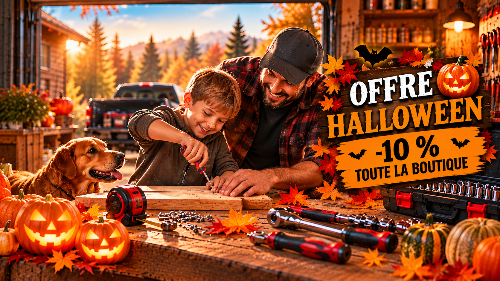 Bannière Halloween Bricolme avec un père et son fils bricolant dans un atelier entouré d’outils, de citrouilles et de décorations d’automne.