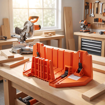 Une boîte à onglets pour plinthes de 14 pouces sur un établi, dans un garage