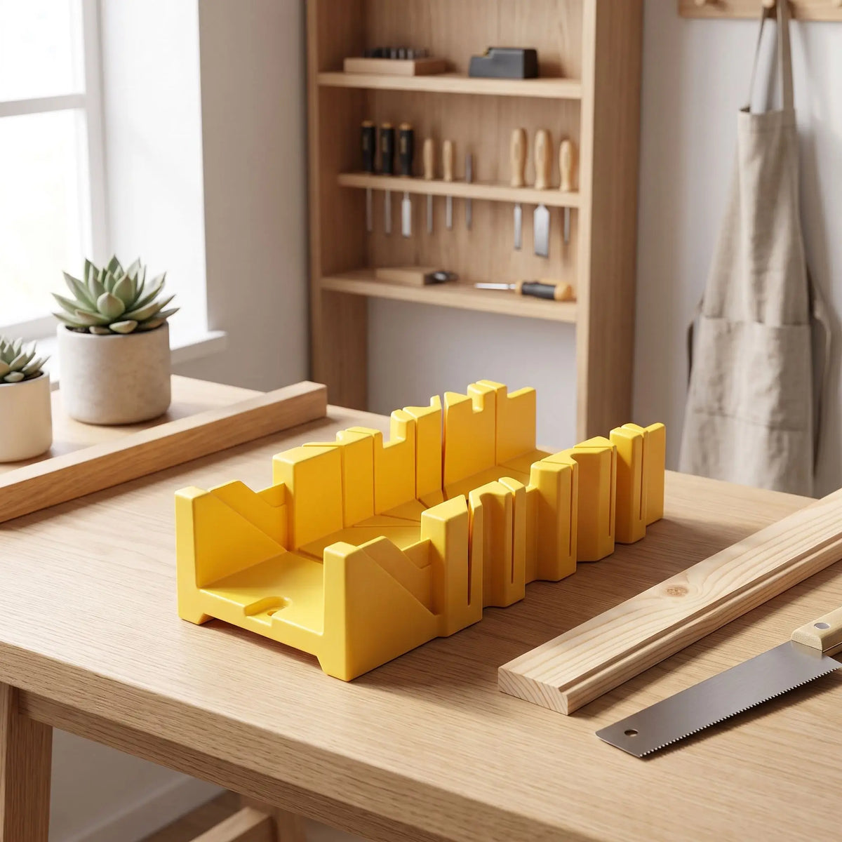 Une boîte à onglets pour plinthes 45 à 90 degrés jaune sur un atelier