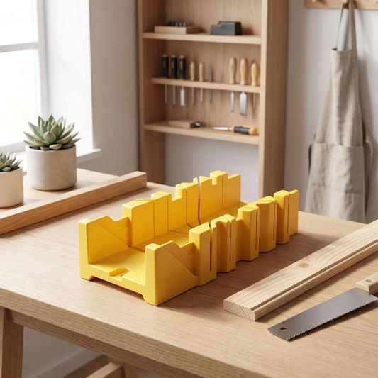 Une boîte à onglets pour plinthes 45 à 90 degrés jaune sur un atelier
