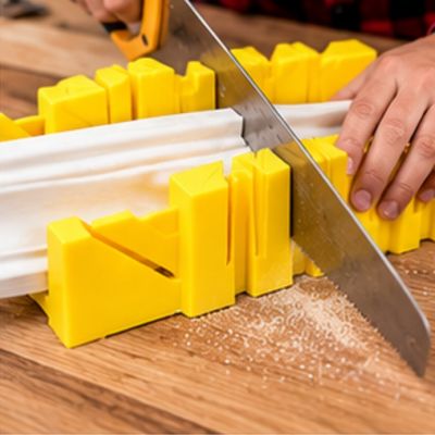 Une boîte à onglets pour plinthes 45 à 90 degrés jaune stabilisant une moulure