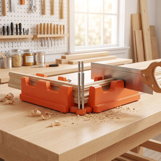 Une boîte à onglets pour plinthes, 85 à 180 degrés, orange, sur du bois