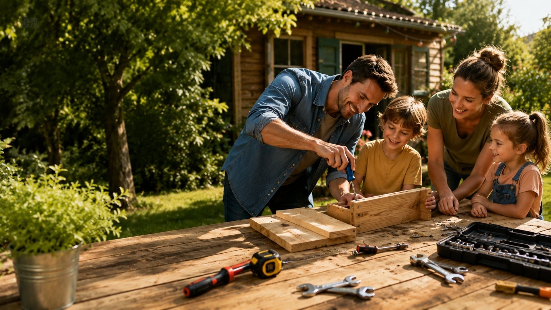Famille bricolant ensemble à l’extérieur avec des outils pour construire un projet en bois dans un jardin