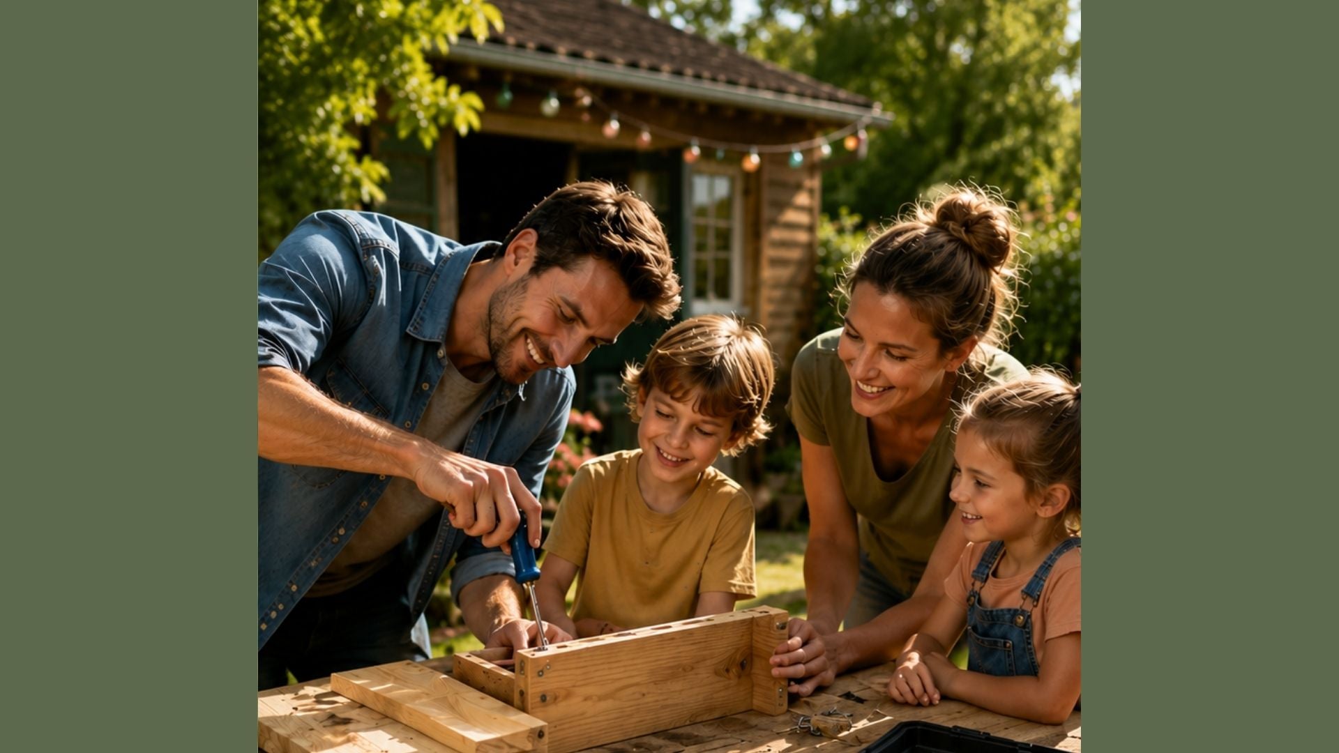 Famille utilisant des outils de bricolage à l’extérieur pour assembler un projet en bois en famille