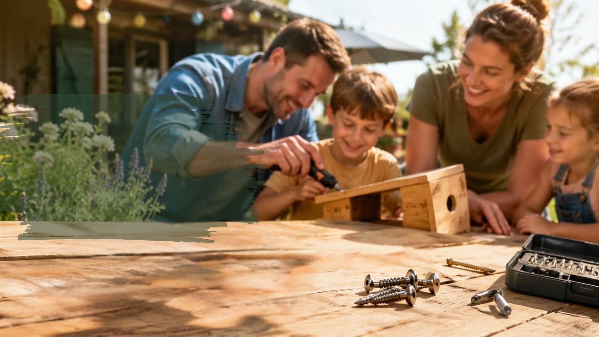 Famille bricolant ensemble à l’extérieur avec des outils pour réaliser des projets de bricolage