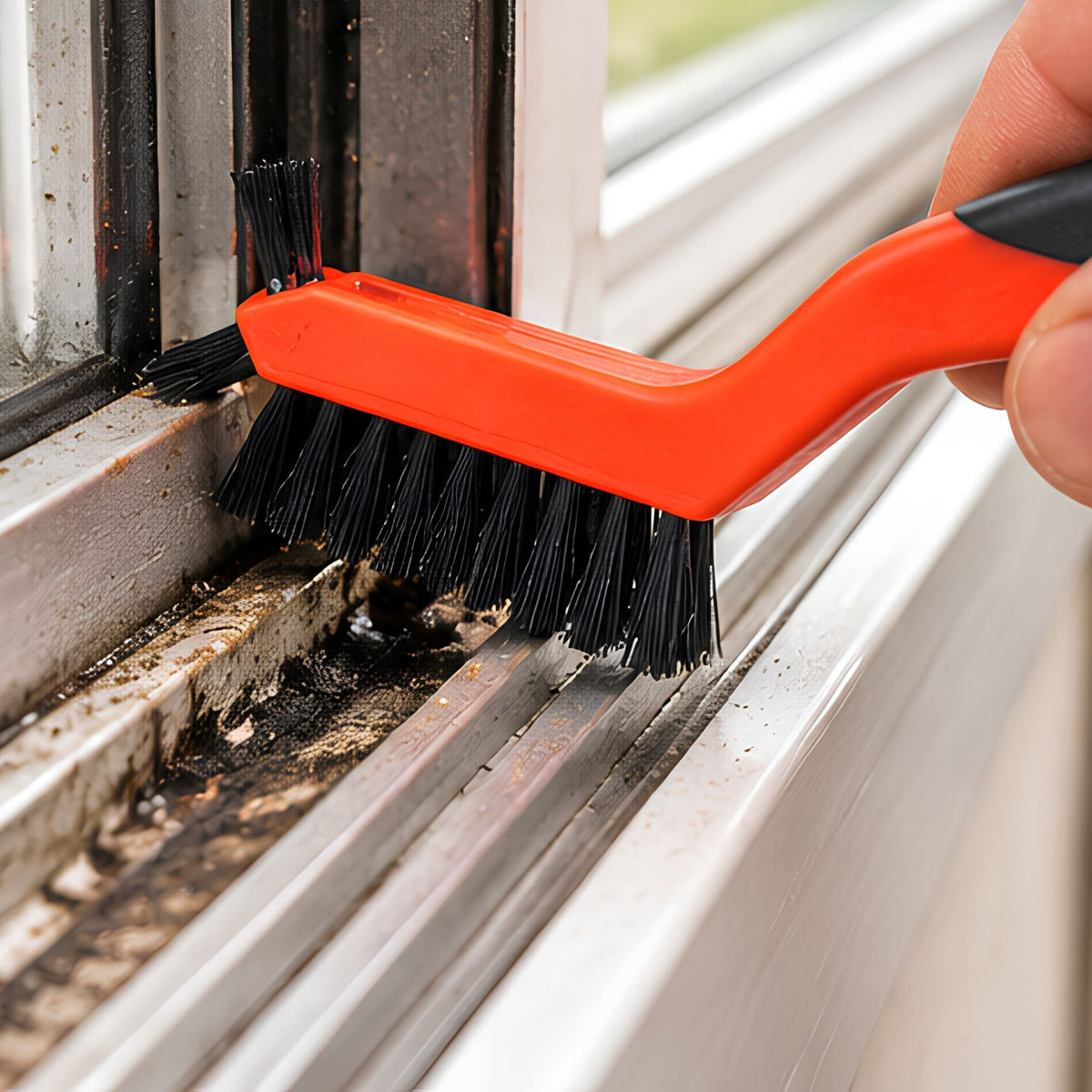 Brosse métallique à tête latérale dans la main d'un homme qui nettoie des fenêtres