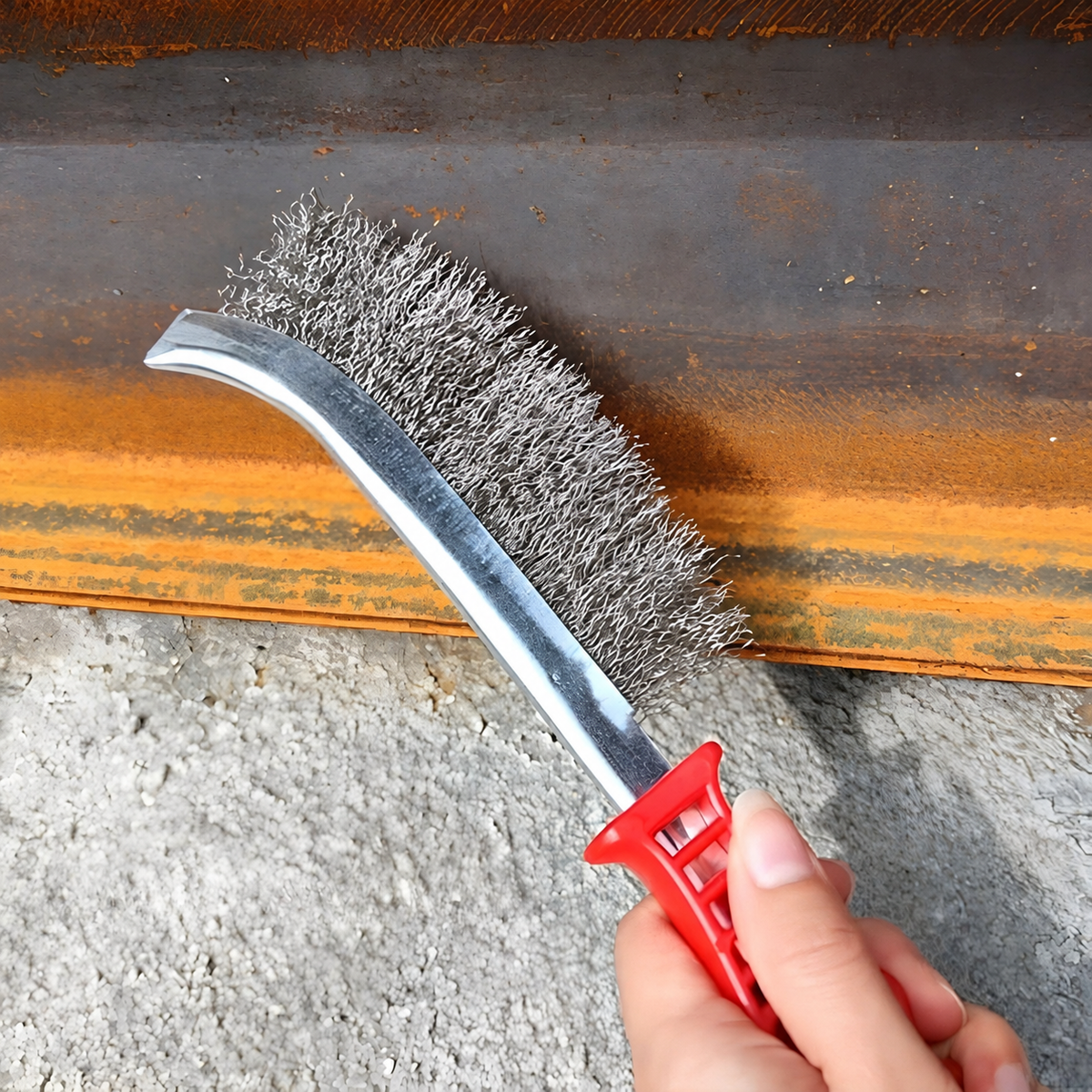 Une brosse métallique en acier inoxydable dans la main d'un homme qui la tient par la poignée rouge