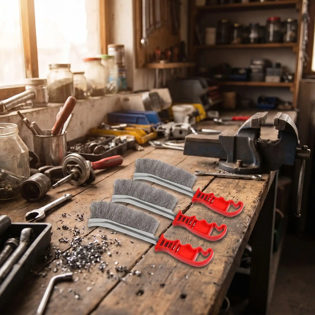 brosse métallique sur un établi en bois dans un garage