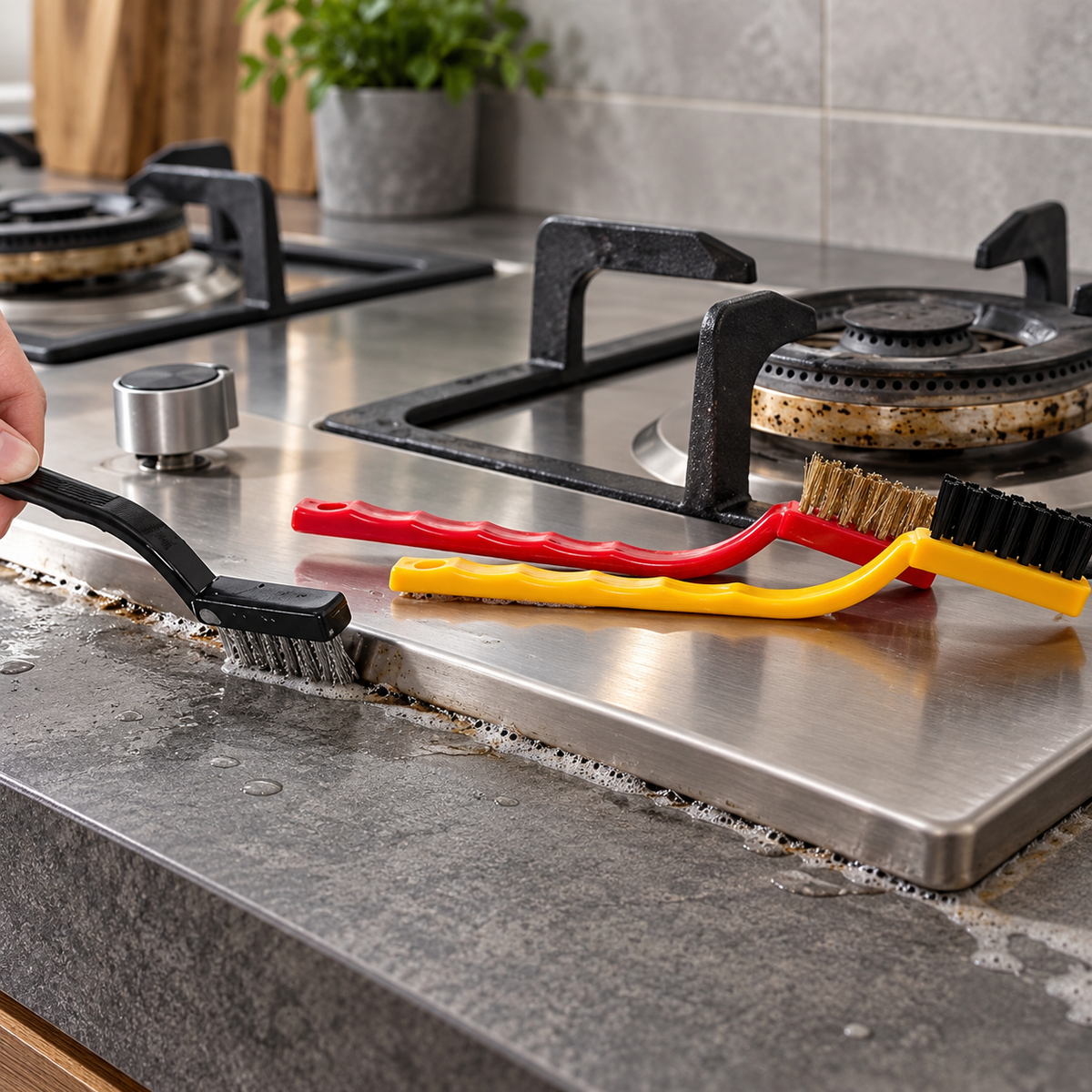 Une brosse métallique en acier inoxydable dans la main d'une femme qui frotte sa cuisinière
