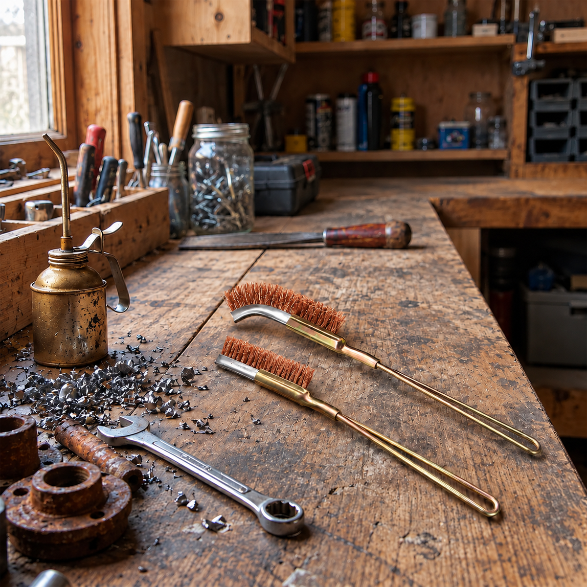 deux Brosses métalliques sur un établi dans un atelier