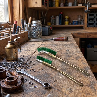 deux Brosses métalliques sur un établi dans un atelier