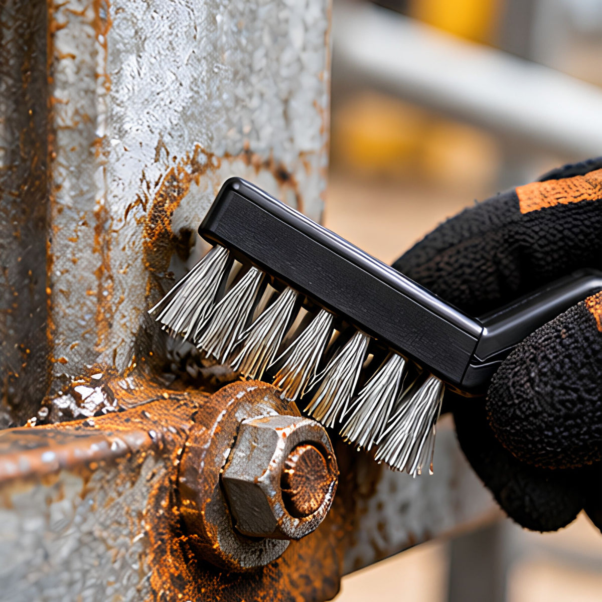Une brosse métallique faisant partie d'un lot de 10 pièces, dans la main d'un homme qui enlève la rouille d'un boulon