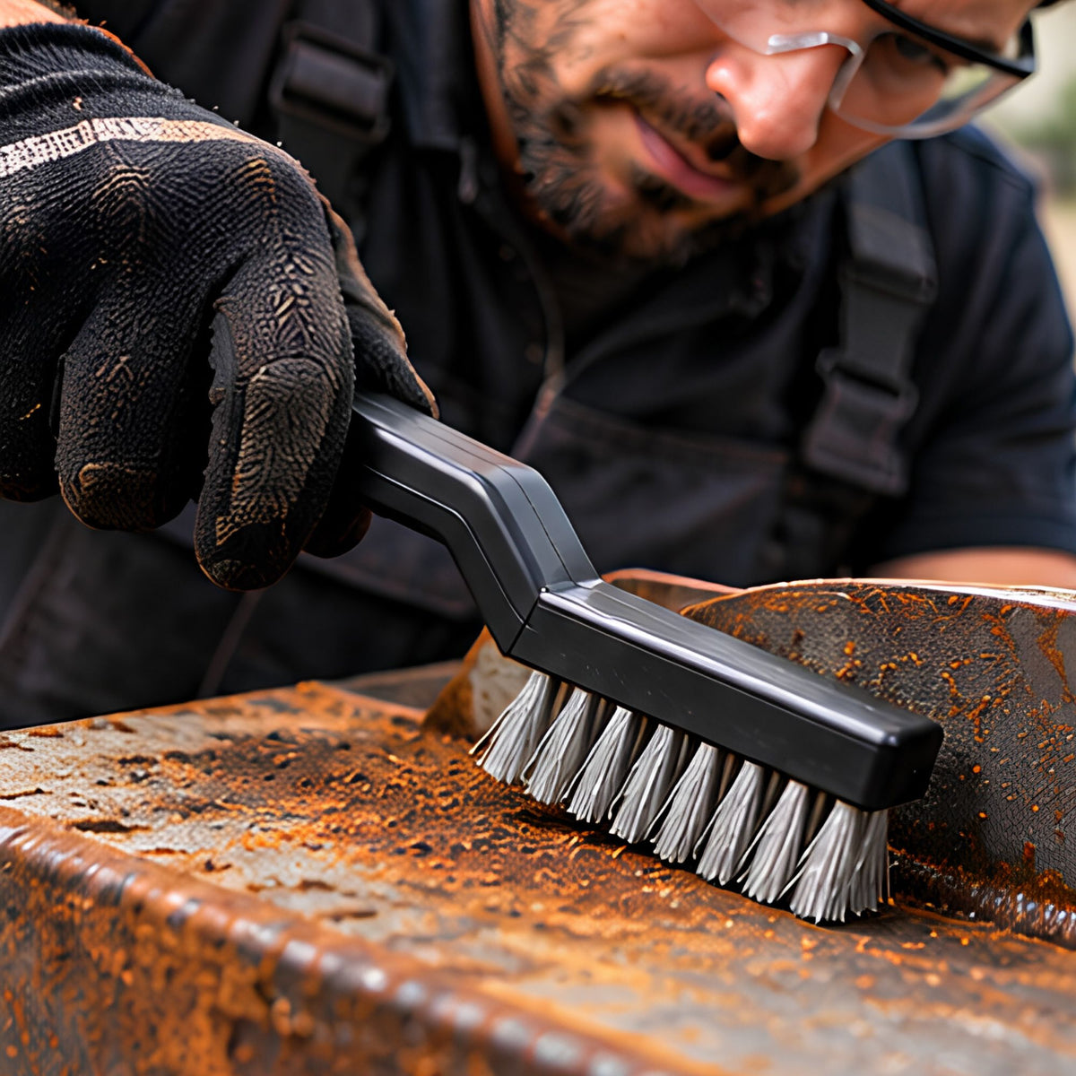 Une brosse métallique faisant partie d'un lot de 10 pièces, dans la main d'un homme qui enlève la rouille d'un morceau de fer