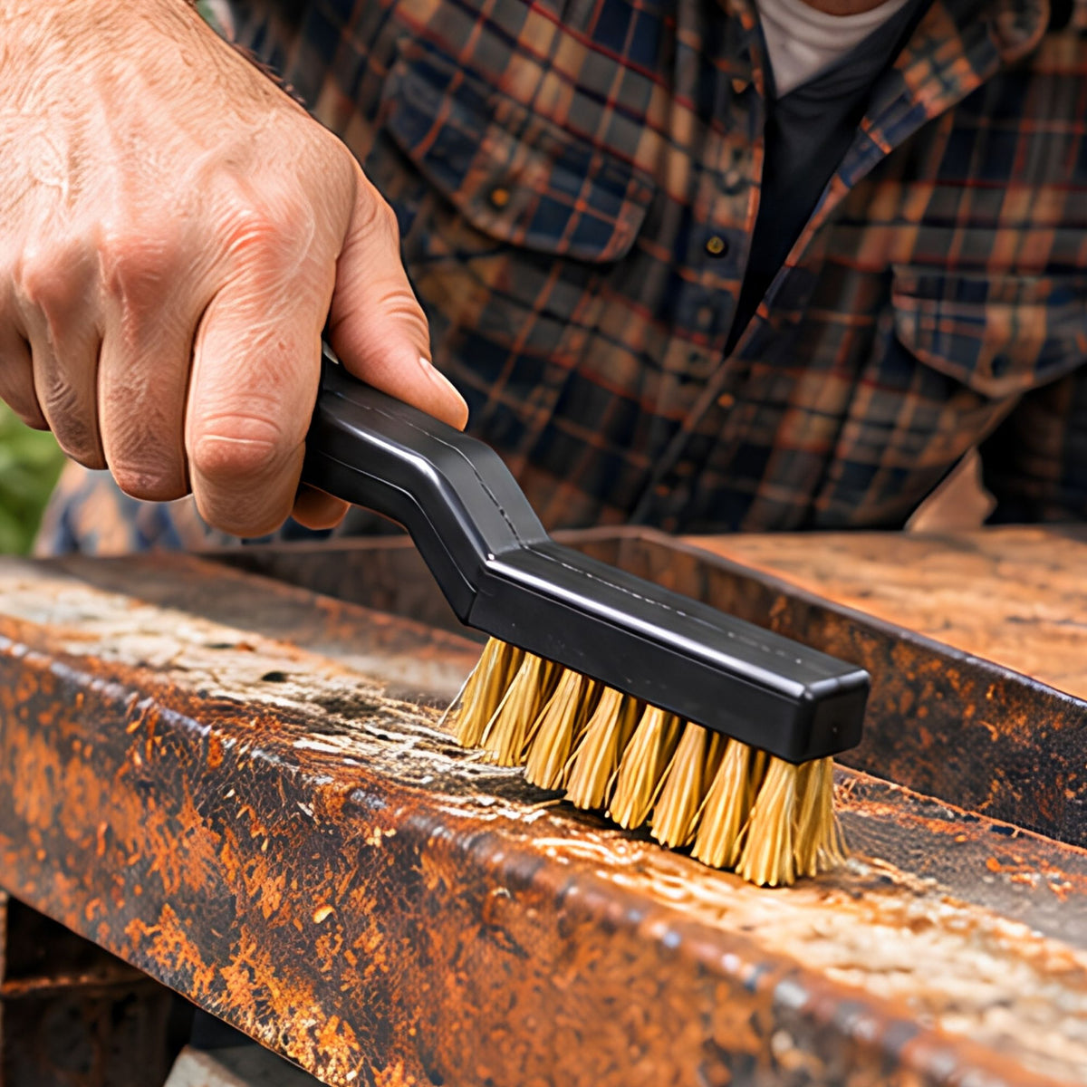 Une brosse métallique en fil de laiton, faisant partie d'un lot de 10 pièces, dans la main d'un homme qui enlève la rouille sur l'acier d'une poutre