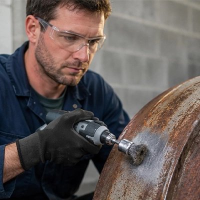 Brosse métallique pour perceuse, ensemble dans la main d'un homme qui frotte de l'acier