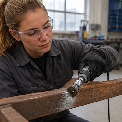 Brosse métallique pour perceuse, ensemble dans la main d'une femme qui frotte du fer