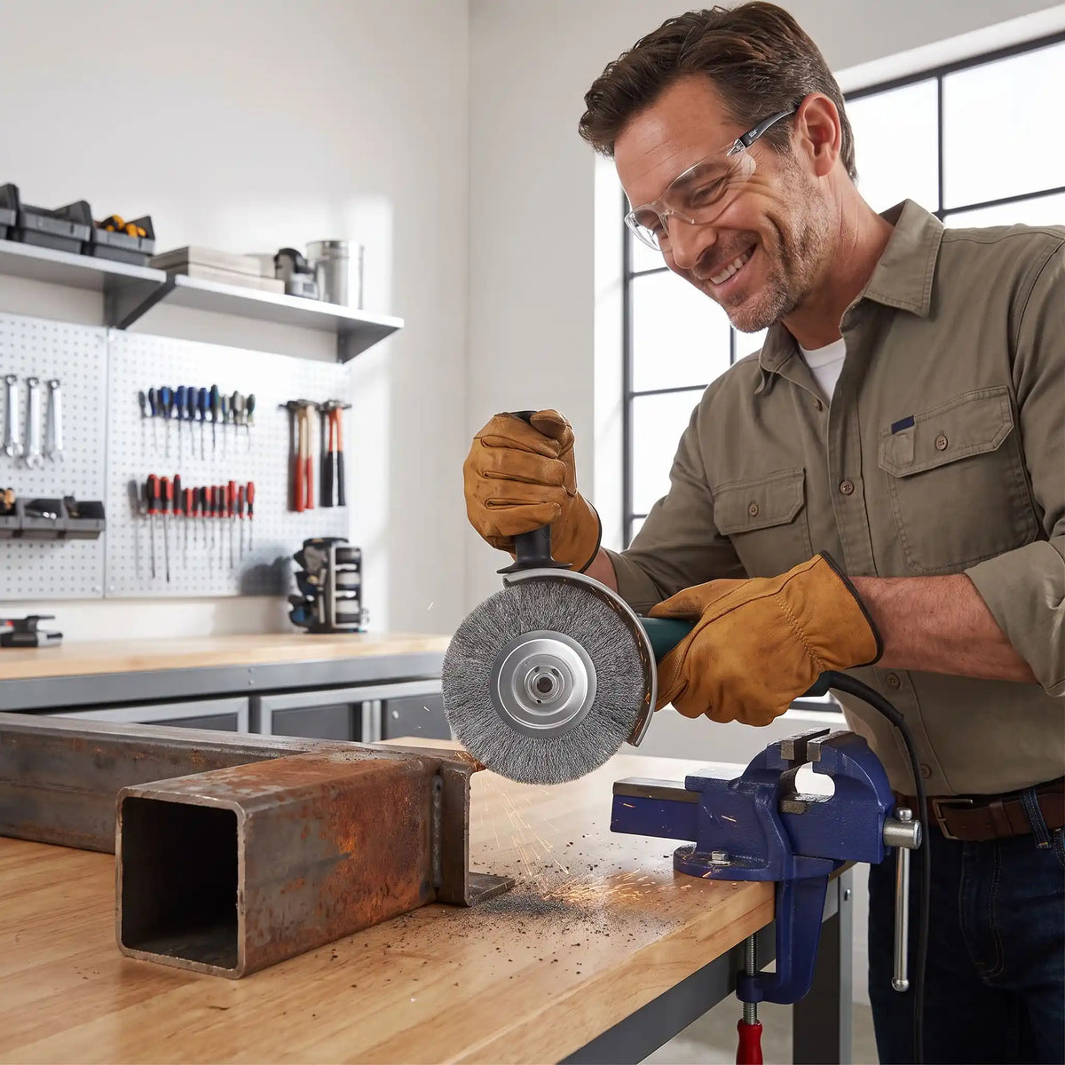 Brosse métallique rotative disque de 125 mm pour meuleuse dans les mains d'un homme qui enlève la rouille sur un hss en acier