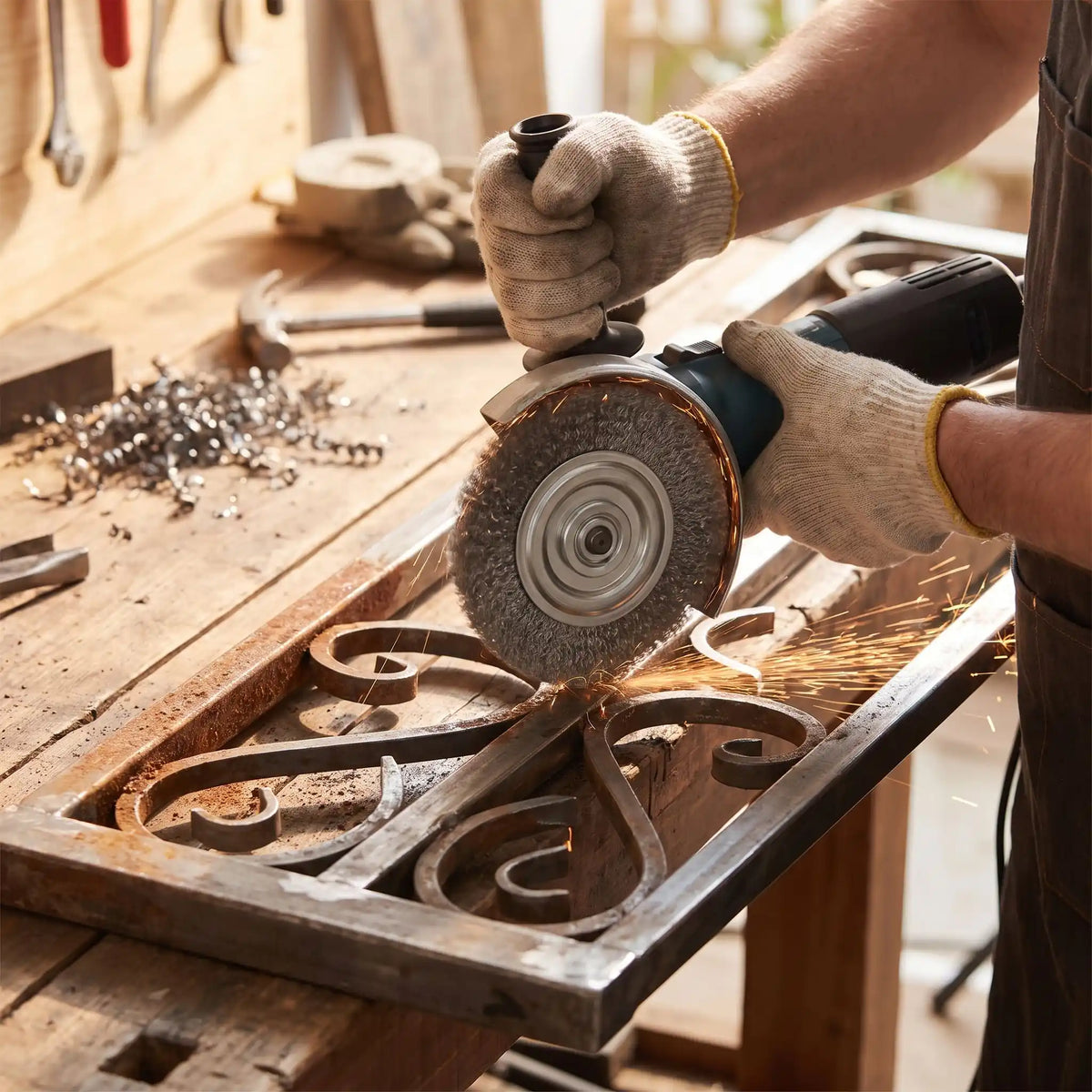 Brosse métallique rotative disque de 125 mm pour meuleuse dans les mains d'un homme qui enlève la rouille sur une porte forgée