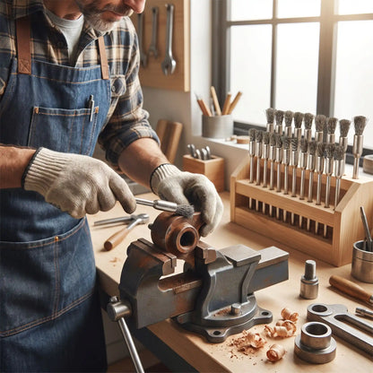 1 Brosse métallique rotative du lot de 15 pièces dans la main d'un homme qui répare un morceau de fer dans un étau