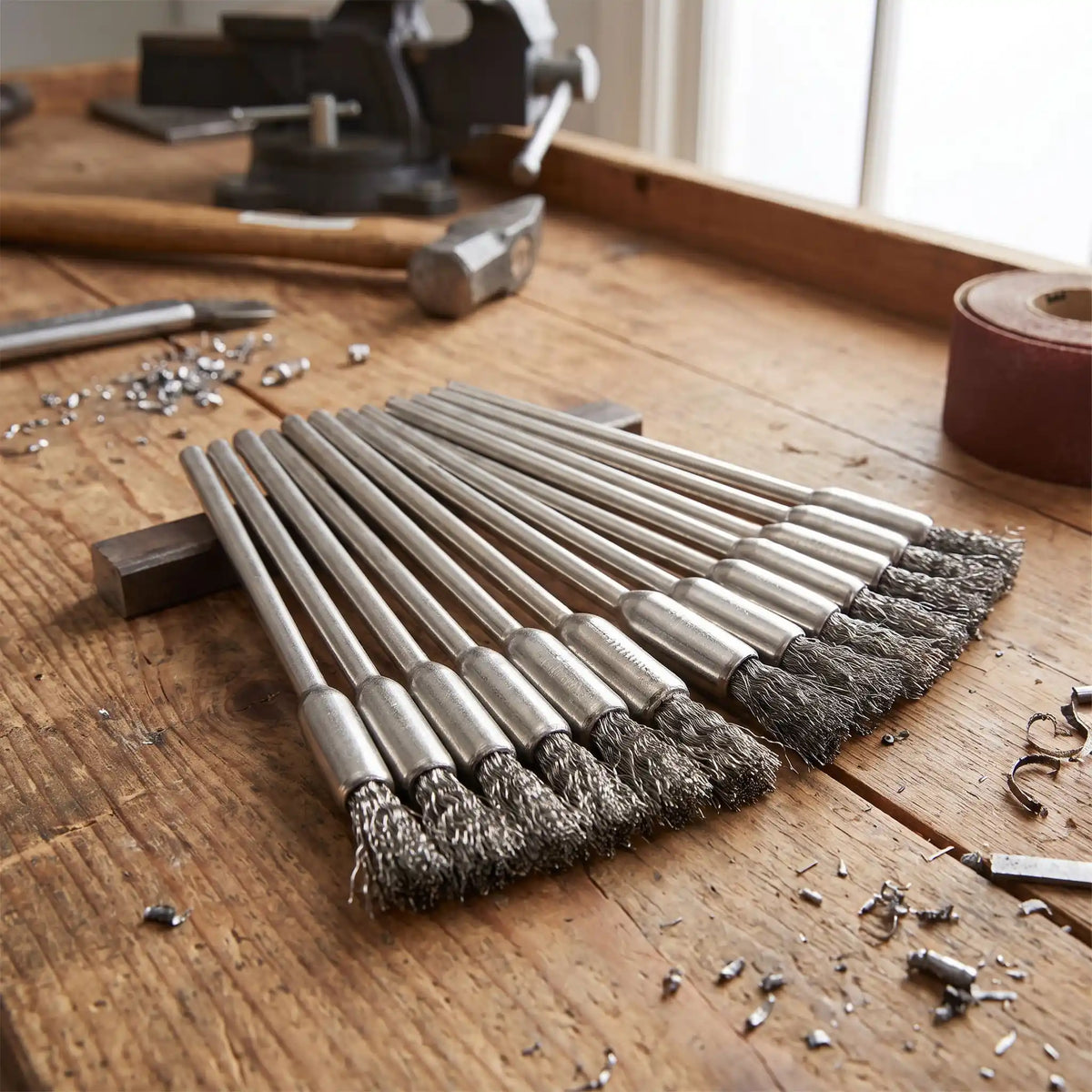 Brosse métallique rotative lot de 20 pièces sur un établi