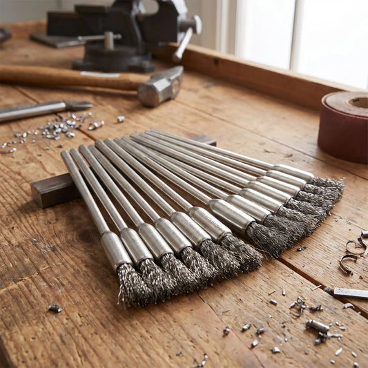 Brosse métallique rotative lot de 20 pièces sur un établi