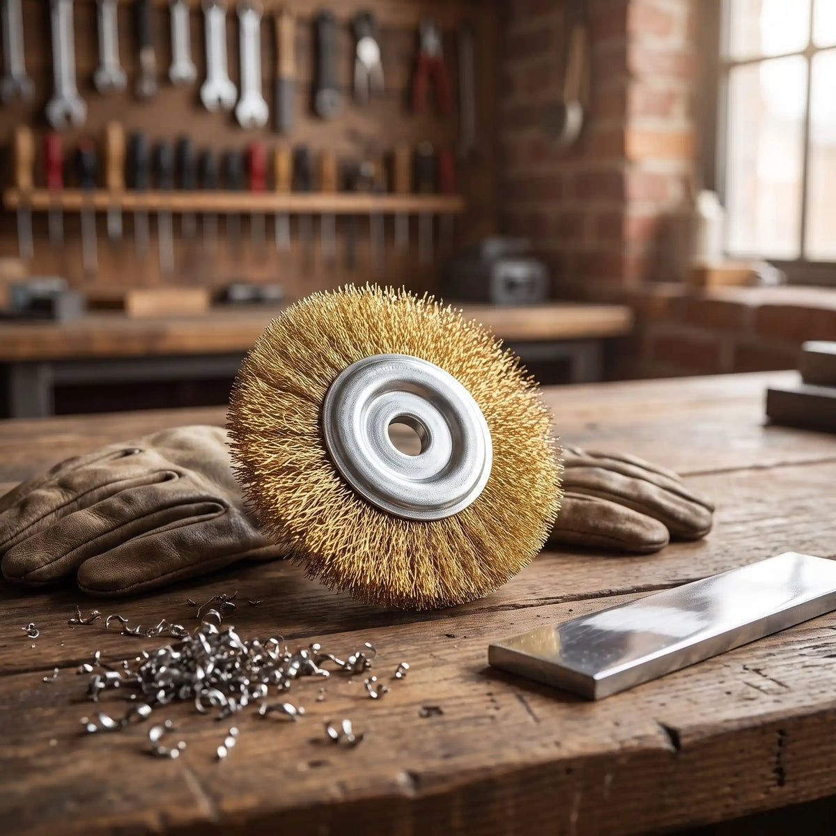 Une Brosse métallique rotative du lot de 3 pièces en laiton sur un établi 