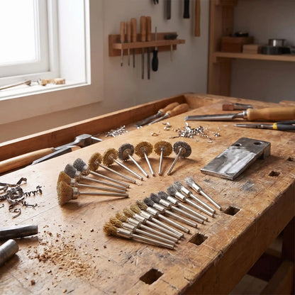 l'ensemble de brosse métallique rotative lot de 36 pièces sur un établi