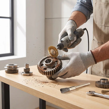 1 brosse métallique rotative lot de 36 pièces dans la main d'un homme qui brosse un moteur