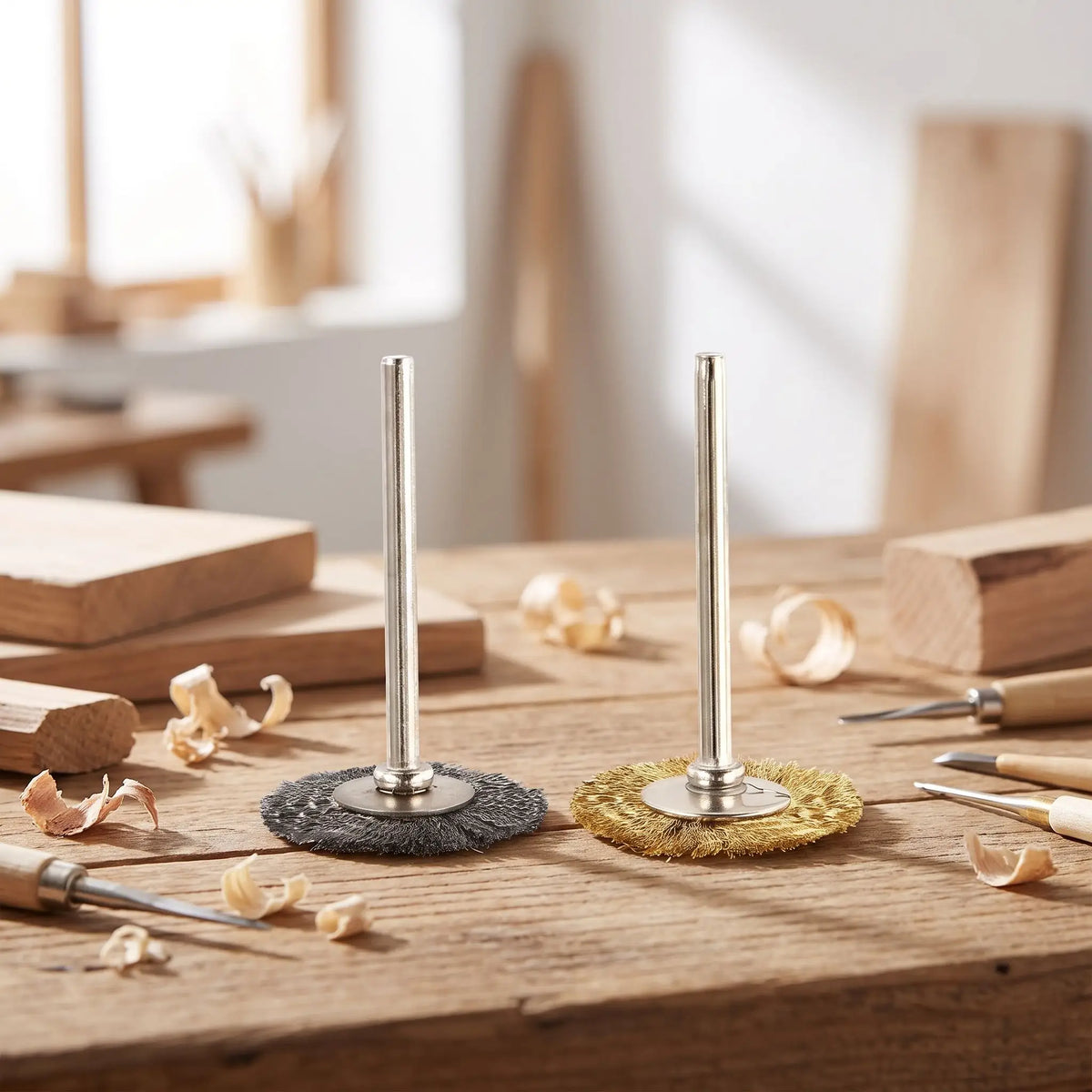 brosse plate métallique rotative lot de 36 pièces sur un établi dans un atelier