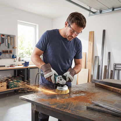 Une brosse métallique rotative du lot de 5 pièces sur une meule dans la main d'un homme