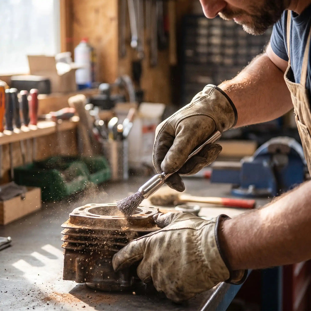 Une brosse métallique rotative du lot de 9 pièces, dans la main d'un homme qui enlève la rouille d'un moteur