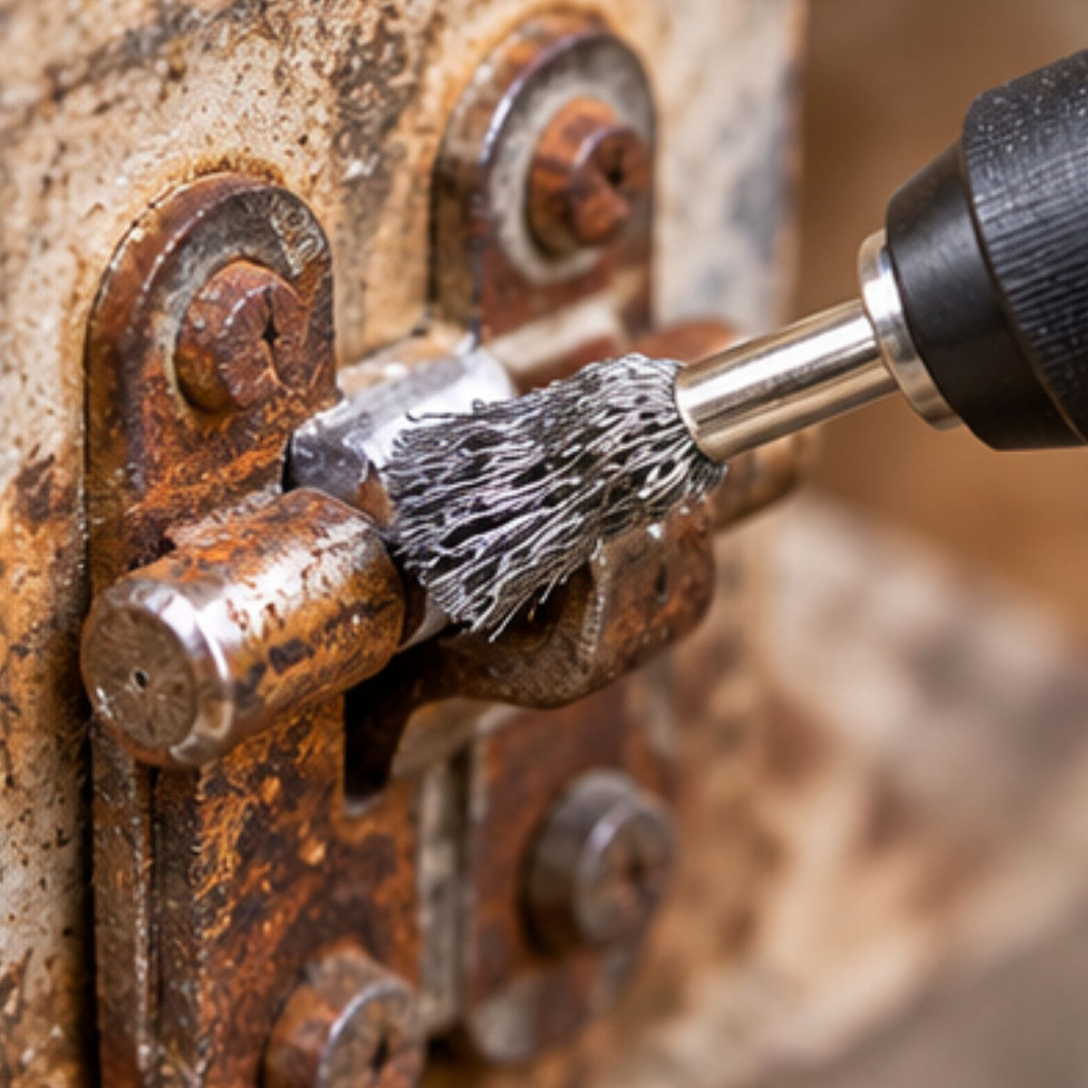 Une brosse métallique rotative du lot de 9 pièces qui enlève la rouille sur une penture